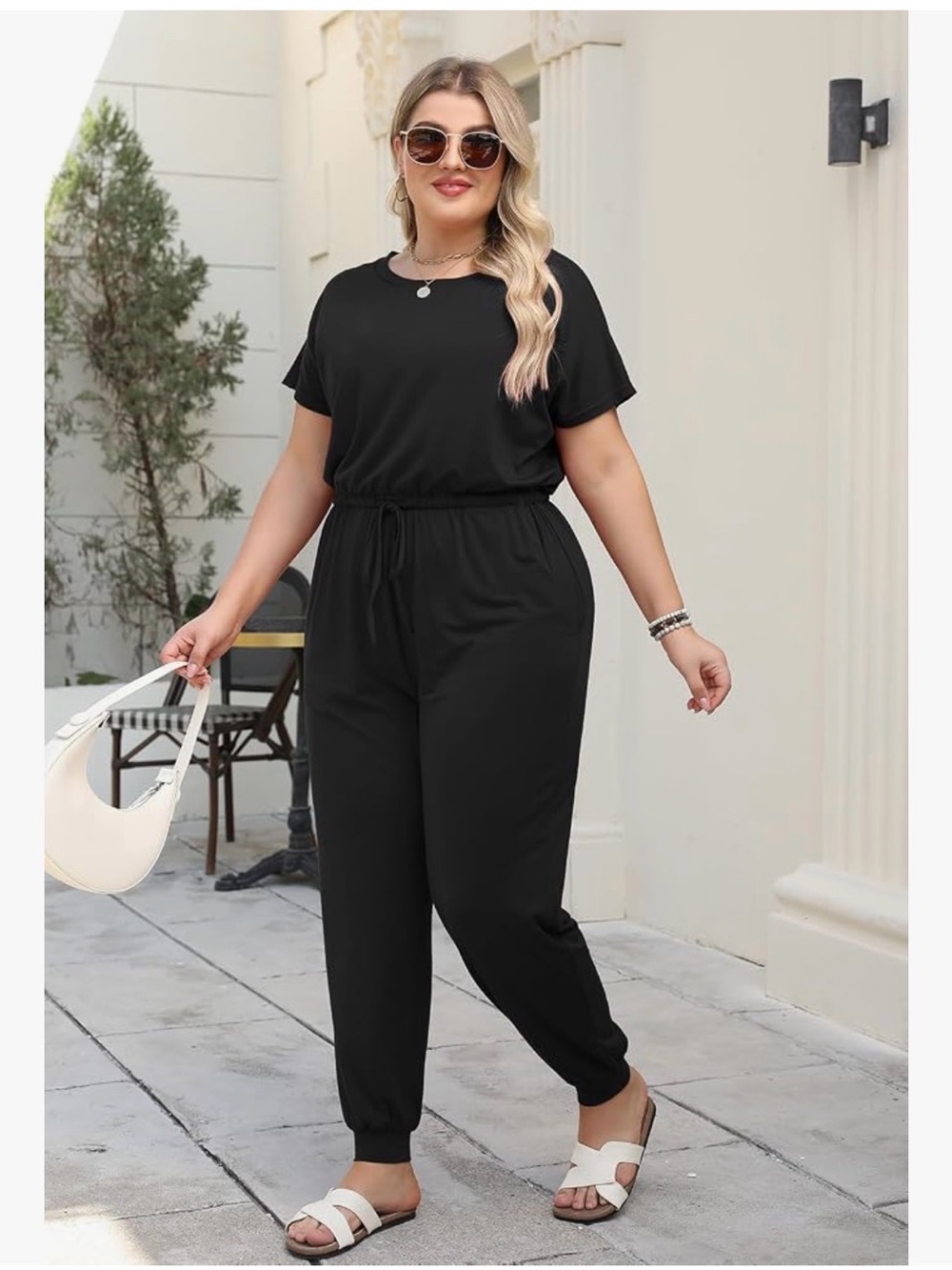 Plus Size Black Short-Sleeve Jumpsuit with Drawstring Waist